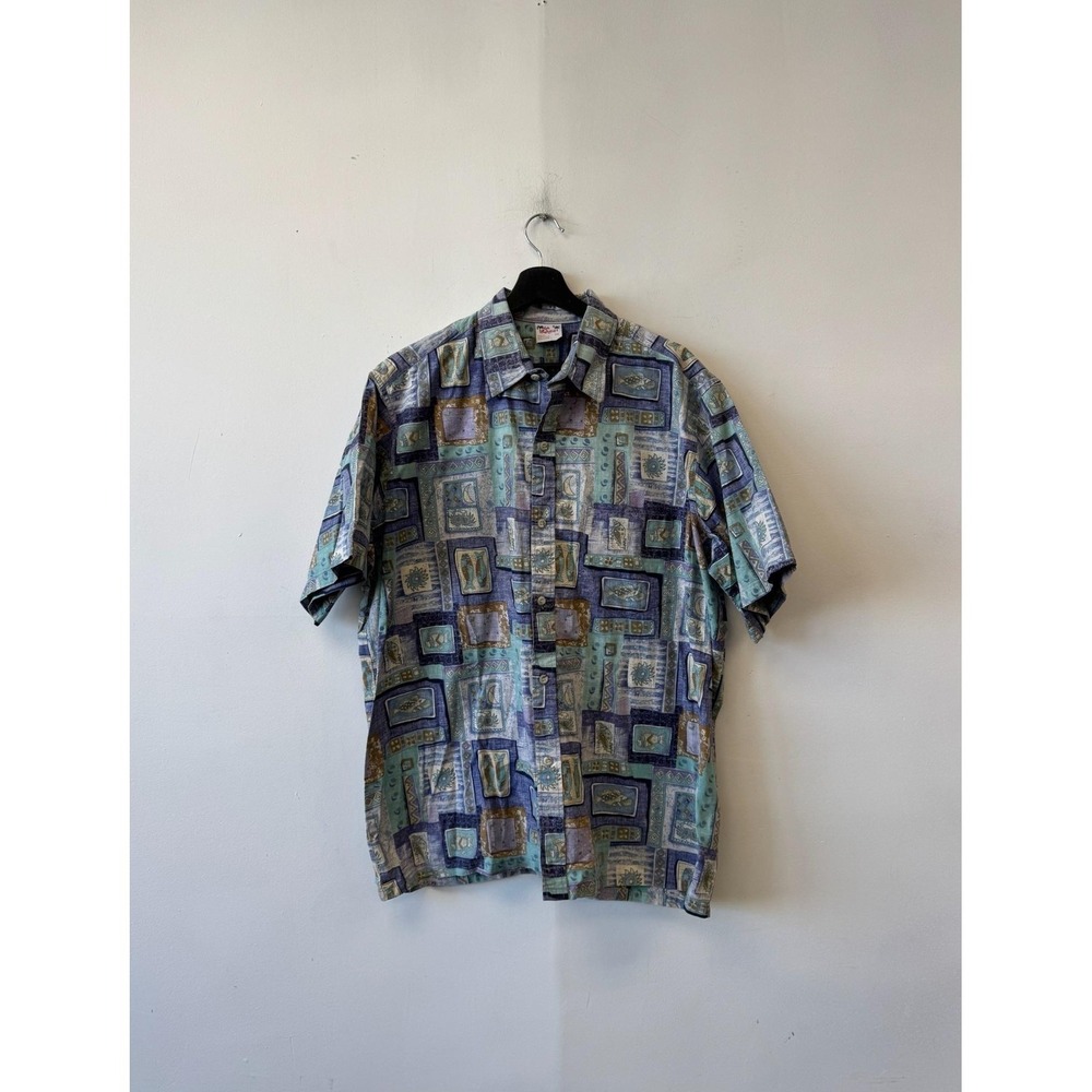 Vintage Go Barefoot Shirt‎ Mens 2XL Blue Abstract Print Button Short Sleeve 90s
